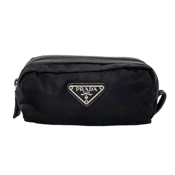 Prada Handbags - Prada small black nylon triangle logo saffiano zip pouch